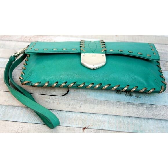 4.75x8.5" Michael Kors BRONZE GREEN LEATHER FLAP PURSE CLUTCH WALLET WRISTLET - Picture 3 of 8